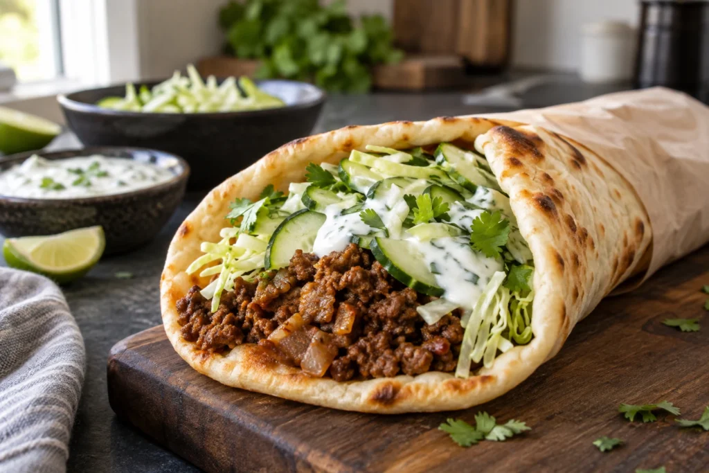 Close view of a folded naan wrap showing browned beef, crisp cabbage, cucumber, and yogurt sauce
