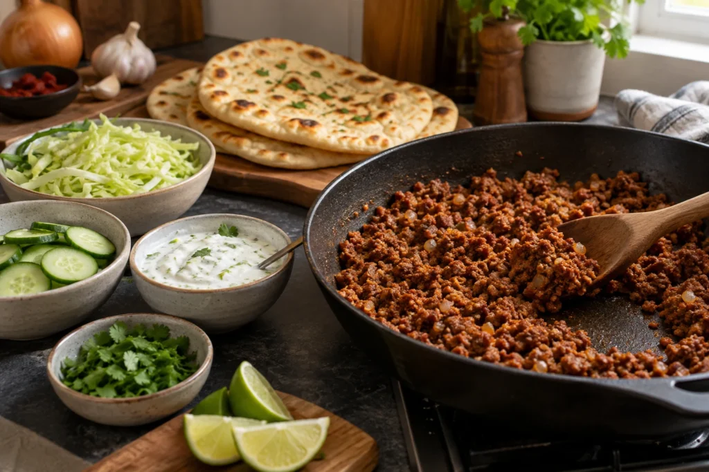 Dry spiced ground beef filling coated with tomato paste, onion, ginger, and garlic