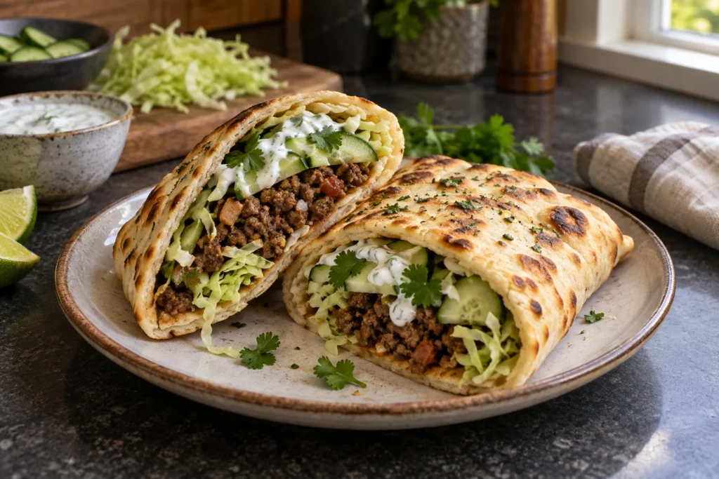 Warm garlic naan wraps filled with spiced ground beef, cabbage, cucumber, cilantro, and lime yogurt