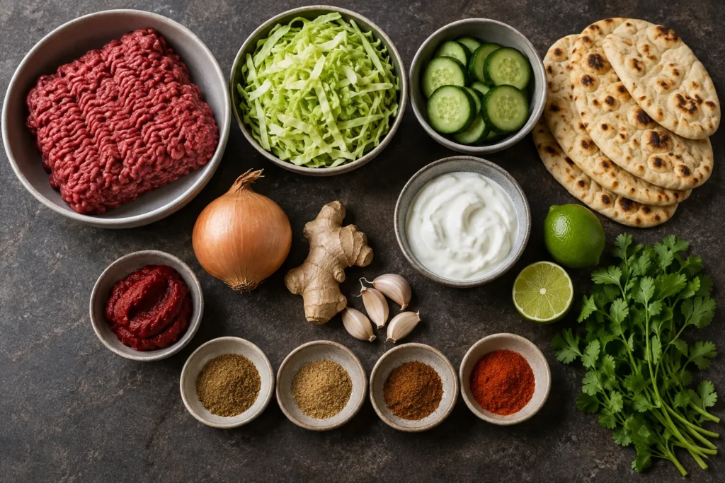 Ground beef, garlic naan, cabbage, cucumber, yogurt, lime, ginger, garlic, and spices overhead