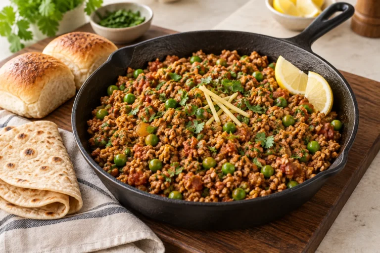 Ground turkey keema with green peas, cilantro, ginger, lemon, slider buns, and roti