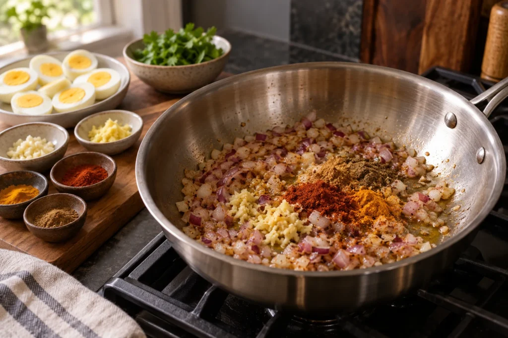 Onion, ginger, garlic, and spices cooking in oil in a skillet