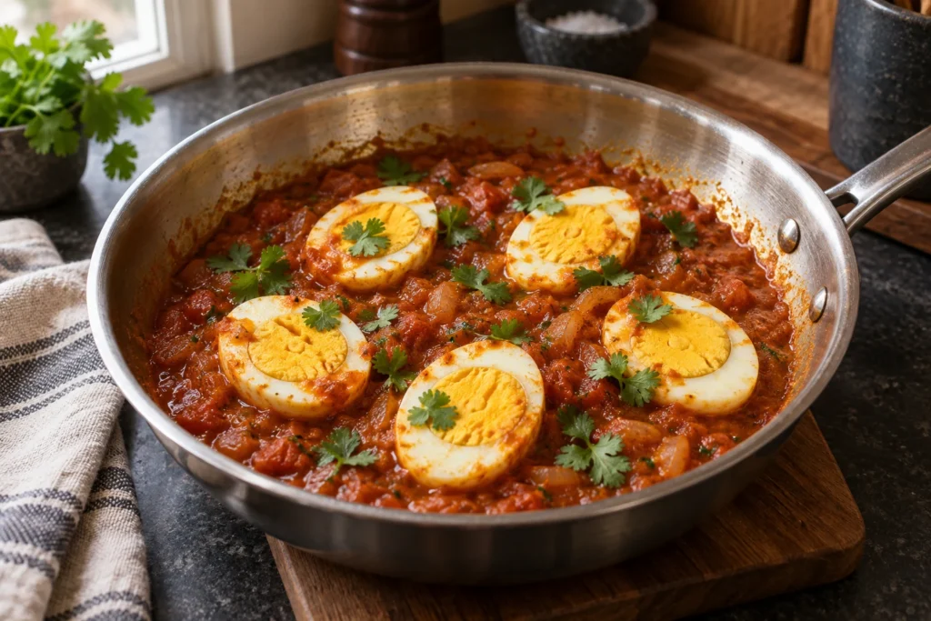 Close view of firm egg whites and yellow yolks surrounded by red tomato curry sauce