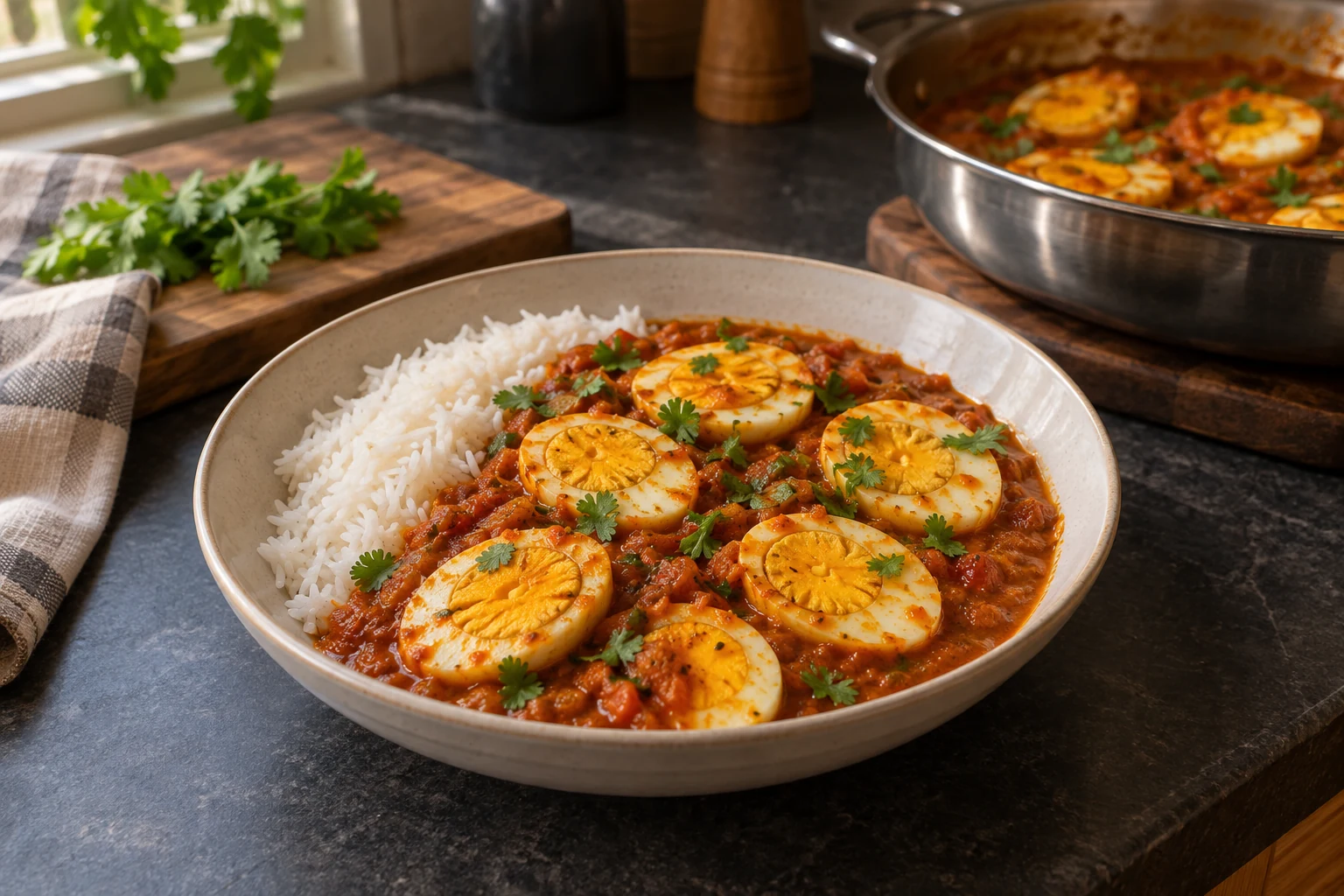 Halved hard-boiled eggs in spiced tomato curry sauce with cilantro and rice