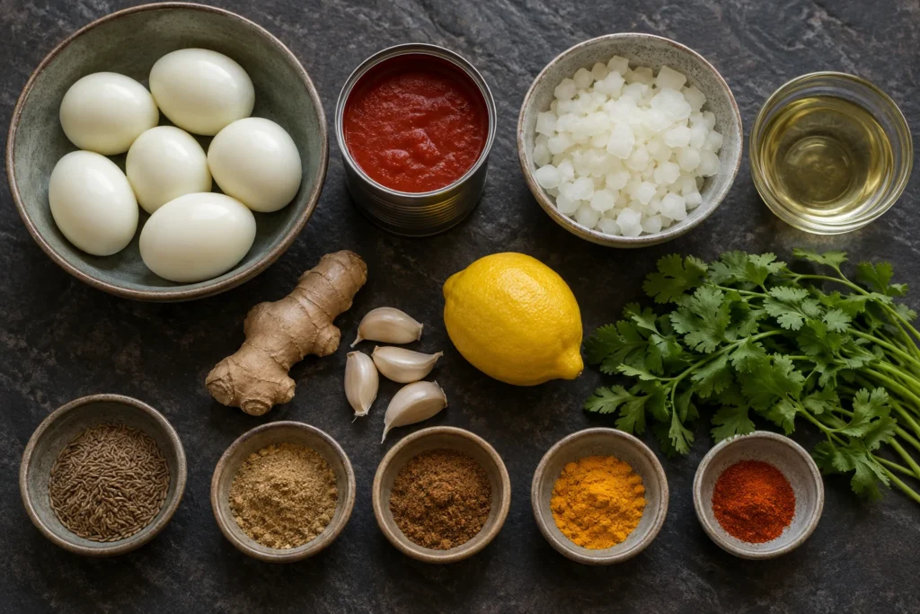 Hard-boiled eggs, tomato sauce, frozen onion, ginger, garlic, lemon, cilantro, and spices overhead