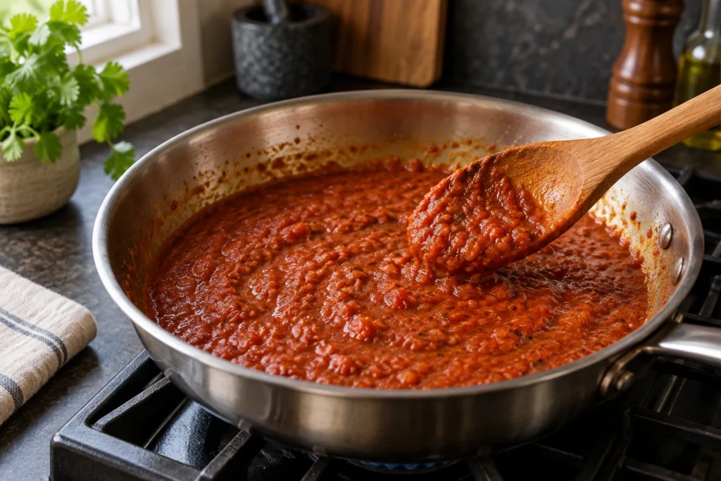 Thick spiced tomato gravy coating the back of a spoon in a skillet