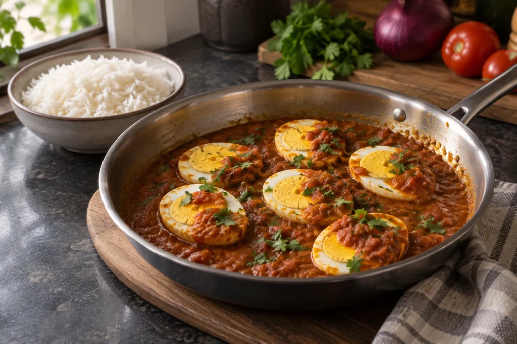 Halved hard-boiled eggs nestled cut-side up in tomato curry sauce