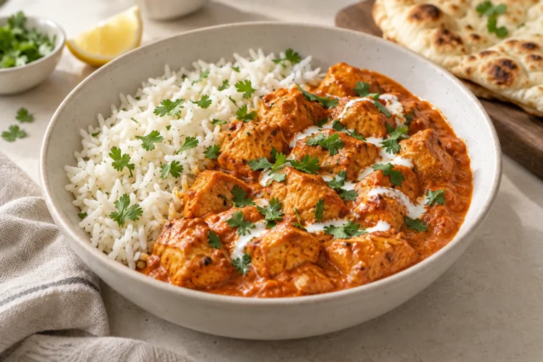 Chicken breast cubes in silky orange Greek-yogurt butter chicken sauce with basmati rice and cilantro