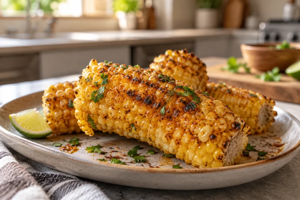 Close view of browned corn kernels glazed with chili-lime butter, chaat masala, and cilantro