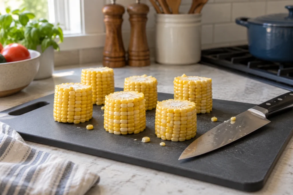 Short corn cob sections stabilized on flat ends beside a heavy chef knife on a nonslip cutting board