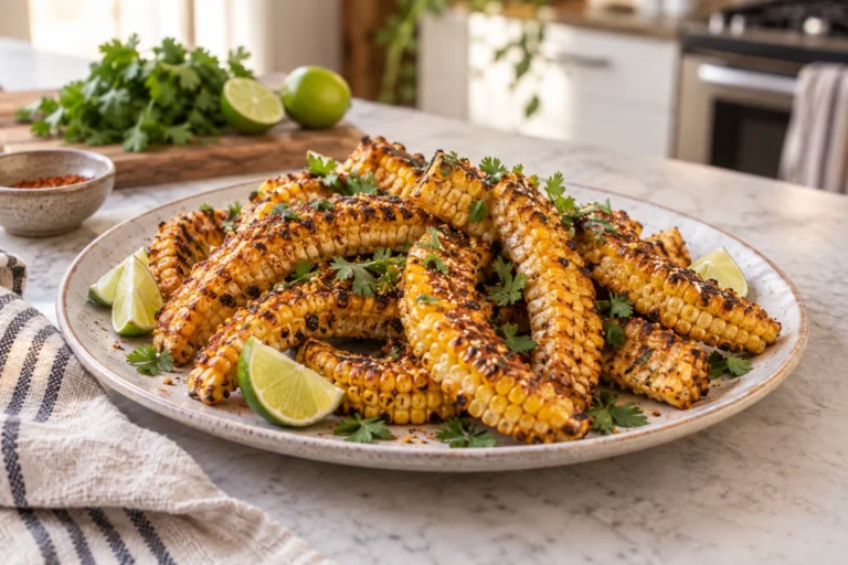 Curled masala corn ribs with browned kernels, chili-lime butter, chaat masala, cilantro, and lime