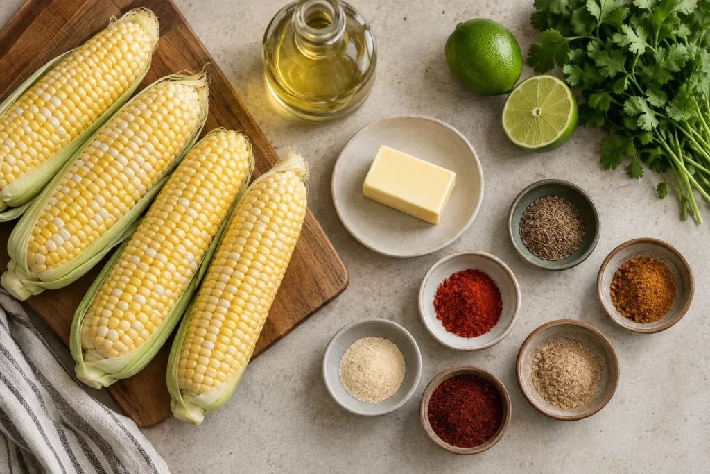 Fresh corn, neutral oil, butter, lime, cilantro, cumin, paprika, garam masala, garlic powder, chili, and chaat masala overhead