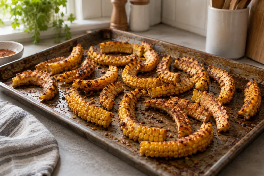 Masala corn strips browned and curled on a hot rimmed sheet pan