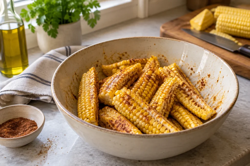 Quartered corn strips coated lightly with oil and warm red-brown spices