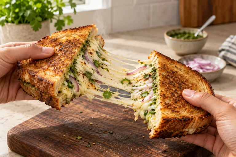 Two golden sourdough masala grilled cheese halves pulled apart with melted white cheese, red onion, and green chutney visible