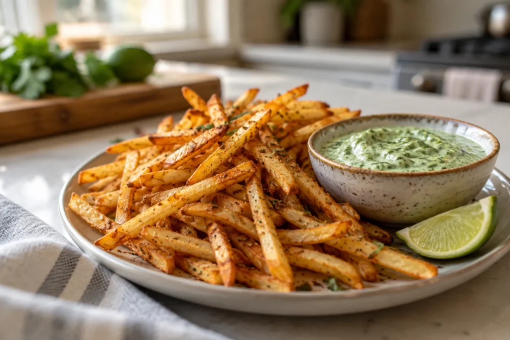 Close view of crisp seasoned shoestring fries with flecks of cumin, paprika, and cilantro