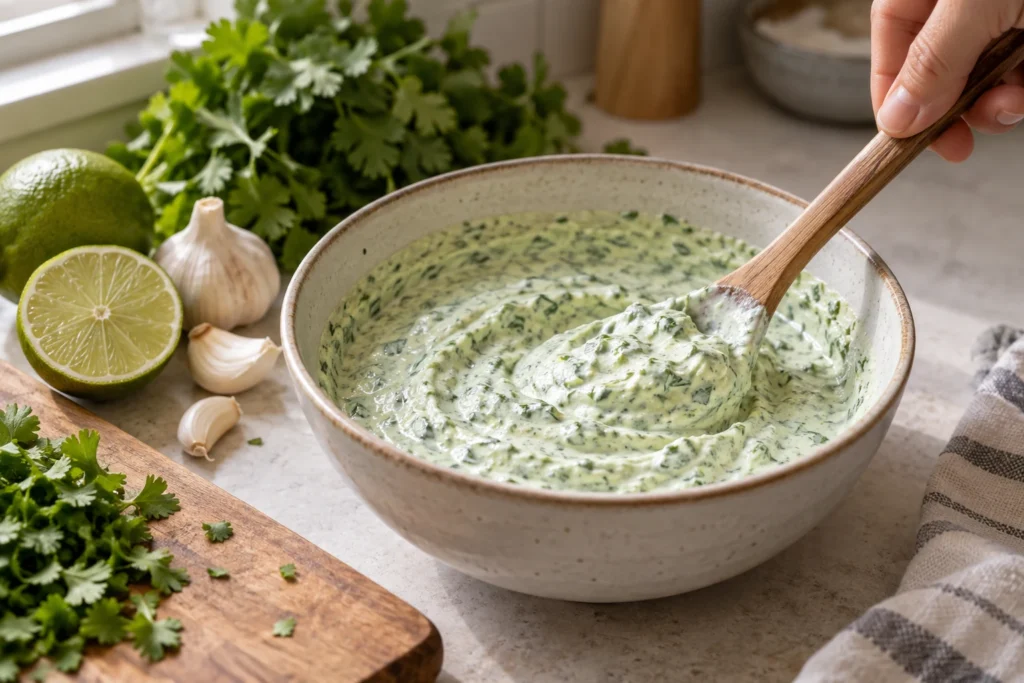 Thick cilantro-lime Greek-yogurt dip being stirred in a small bowl