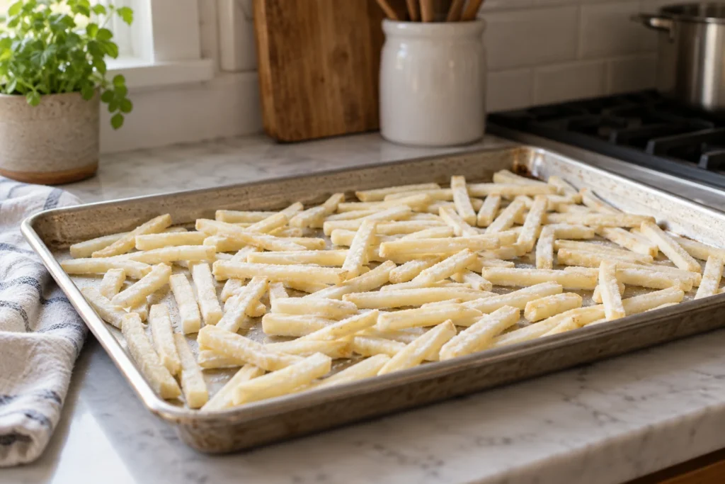 Frozen shoestring fries spread with space on a sheet pan before baking