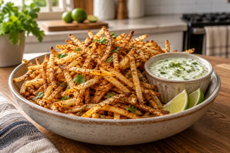 Crispy golden masala shoestring fries with cilantro-lime yogurt dip and lime wedges
