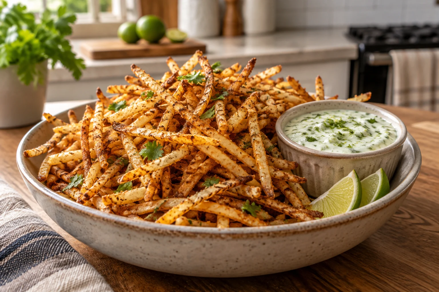 Crispy golden masala shoestring fries with cilantro-lime yogurt dip and lime wedges