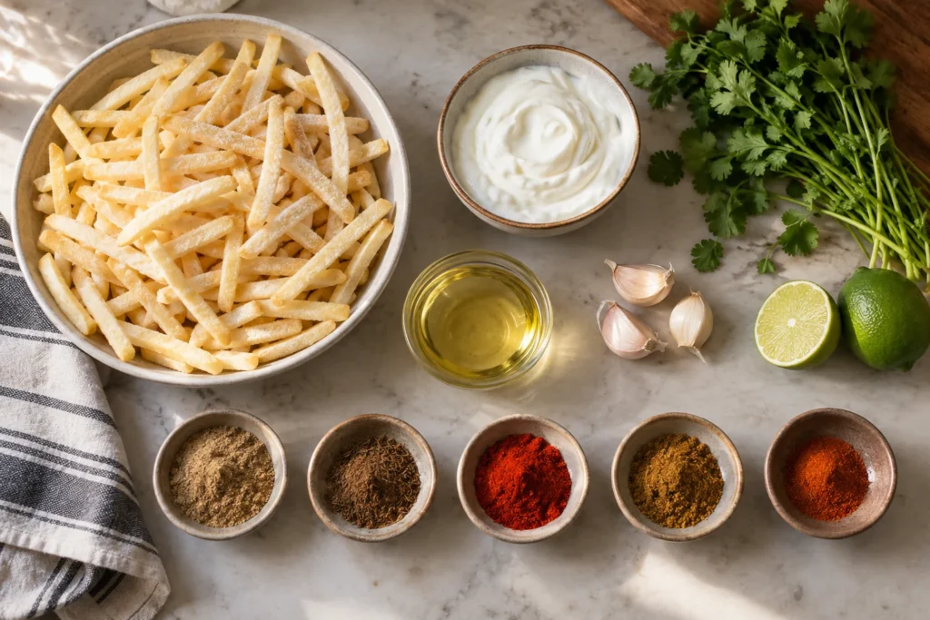Frozen shoestring fries, Greek yogurt, cilantro, lime, garlic, chaat masala, cumin, paprika, and garam masala overhead