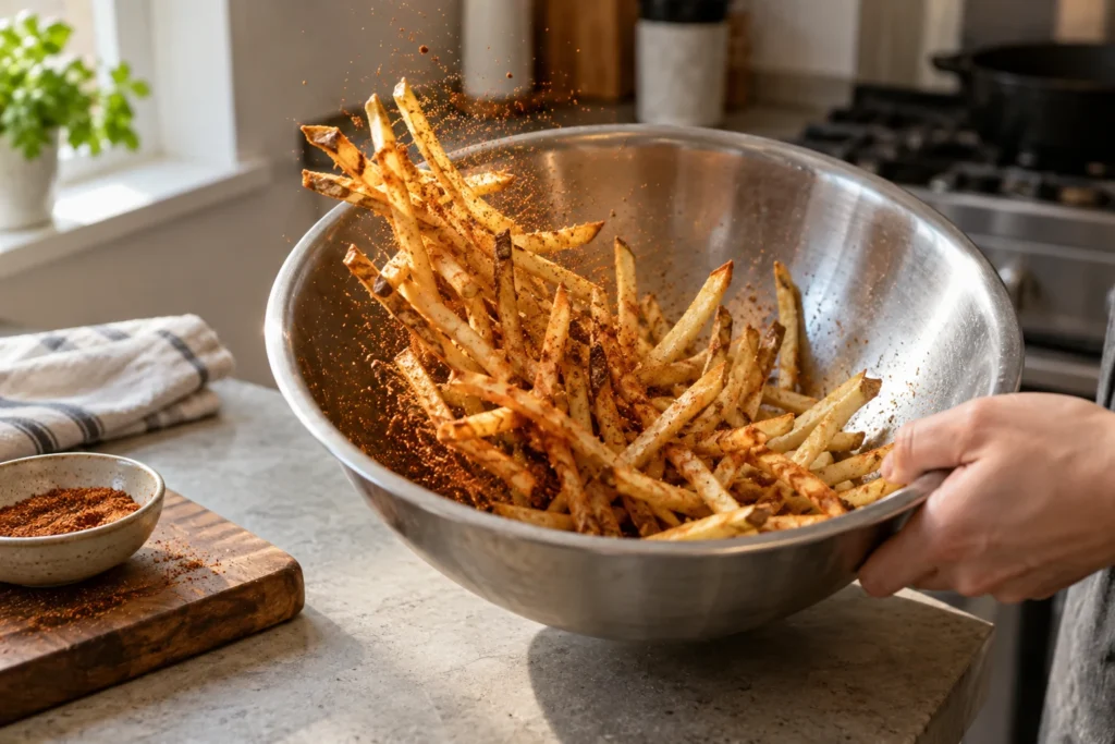 Hot crisp shoestring fries being tossed with a red-brown masala spice blend
