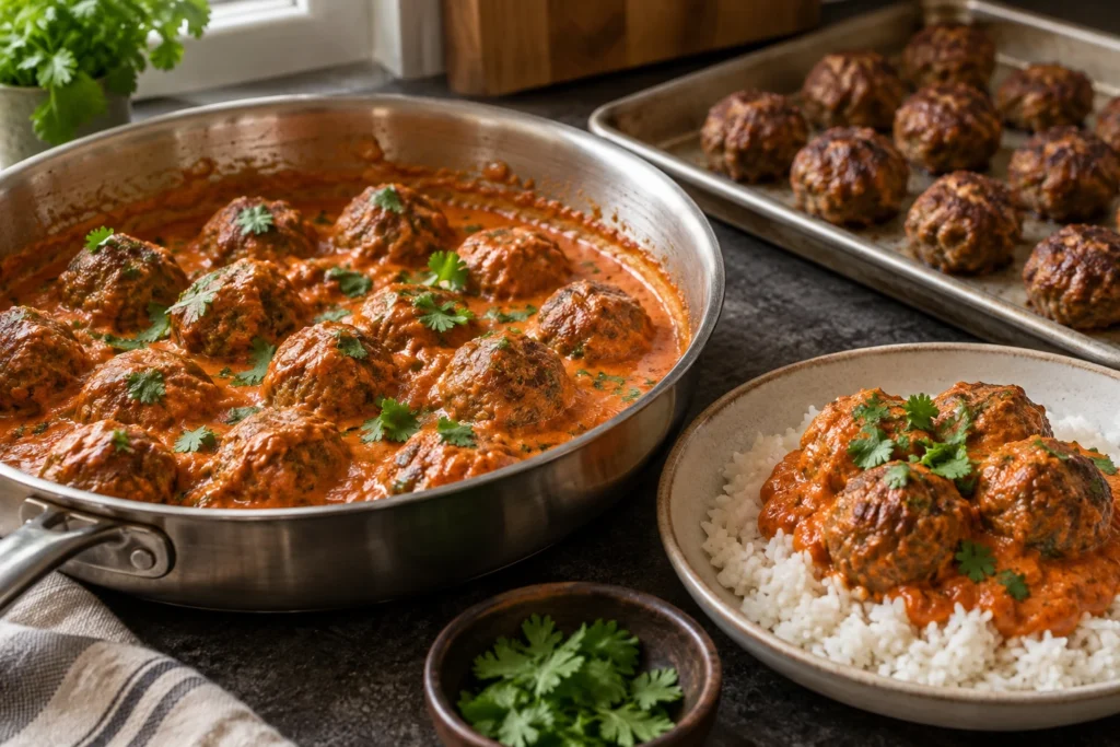 Close view of browned meatballs covered with orange-red sauce and chopped cilantro