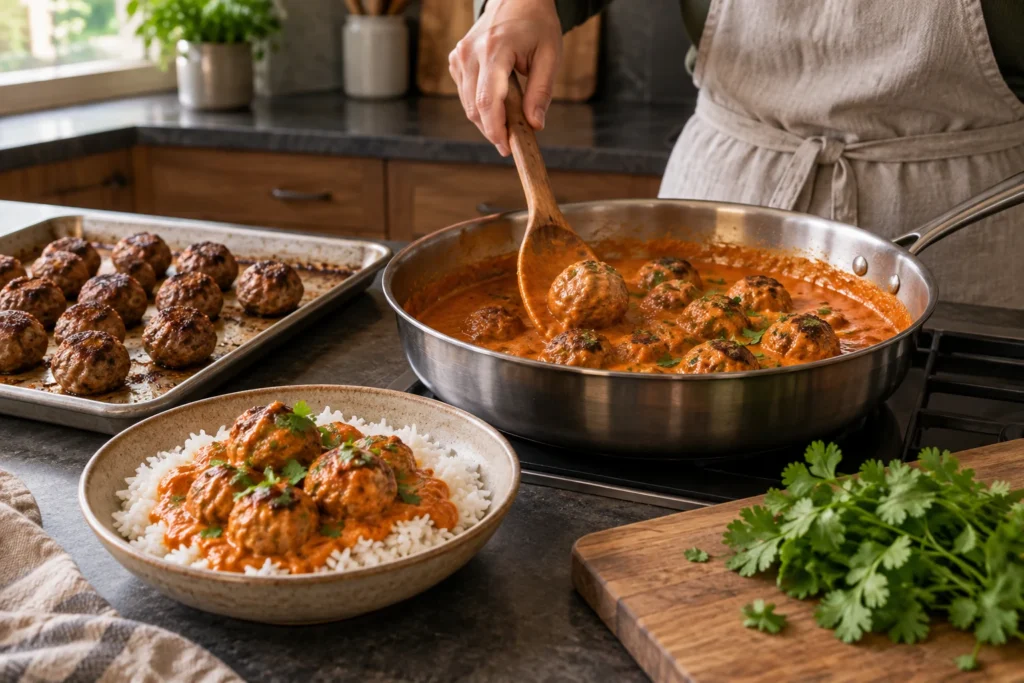 Roasted meatballs being turned gently in creamy tomato tikka masala sauce