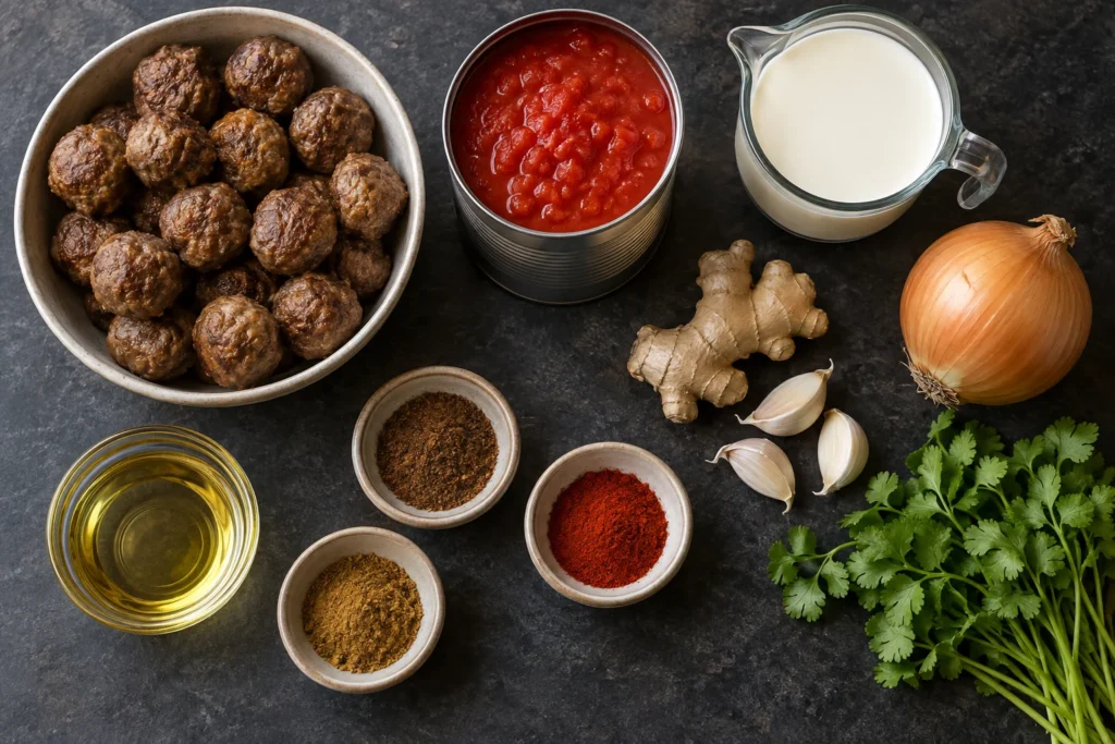 Frozen plain meatballs, crushed tomatoes, cream, onion, ginger, garlic, and spices on a kitchen counter