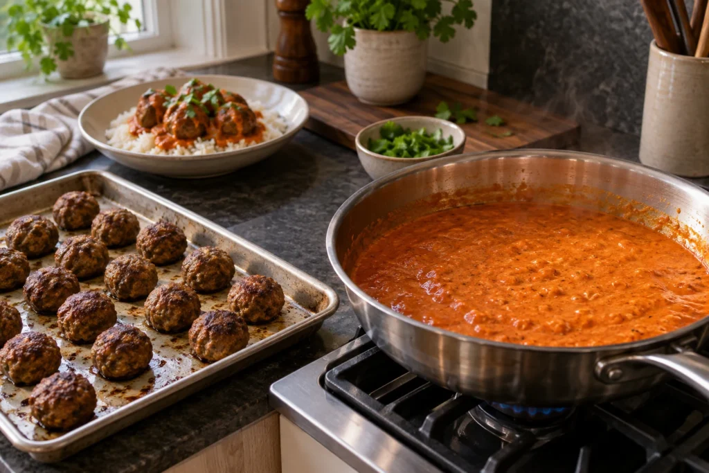 Thick tomato spice sauce simmering in a skillet beside a sheet pan of browned meatballs