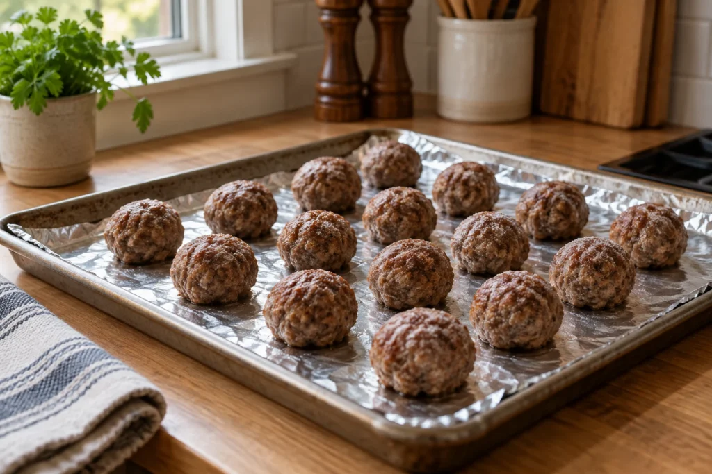 Fully cooked frozen meatballs spaced on a rimmed sheet pan before roasting