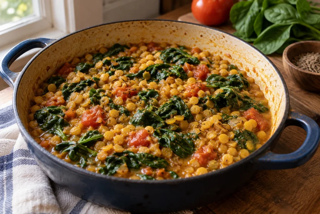 Tender yellow lentils and wilted spinach with cumin and tomato