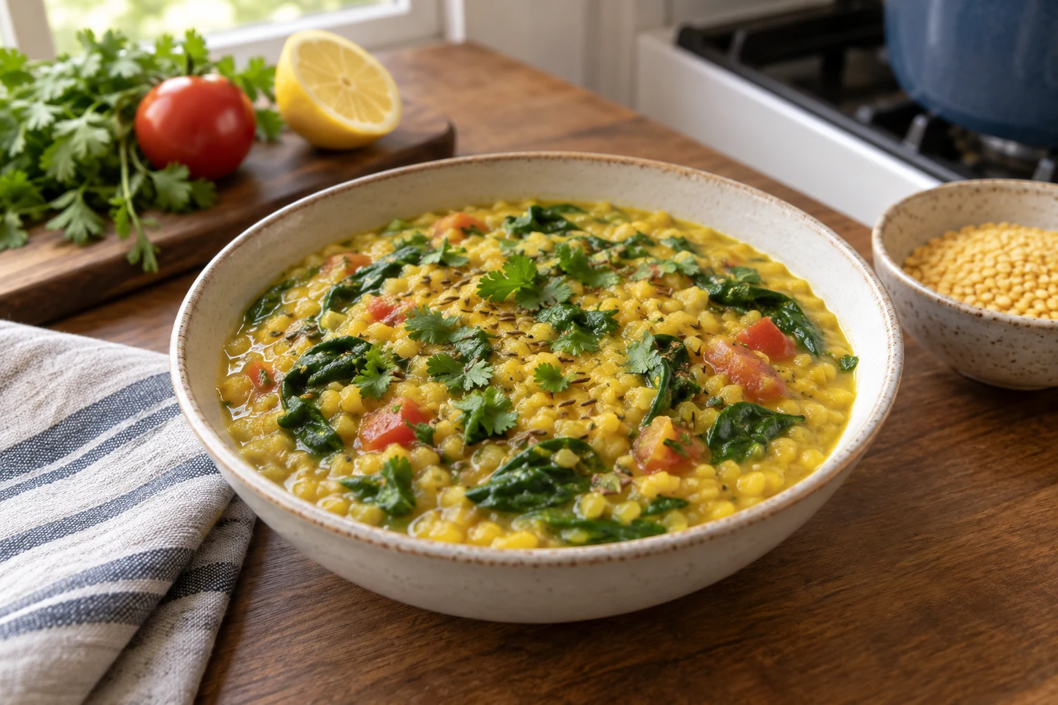 Creamy yellow moong dal with wilted baby spinach, cumin, tomato, cilantro, and lemon