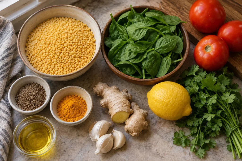 Yellow split moong dal, baby spinach, tomato, ginger, garlic, cumin, turmeric, lemon, oil, and cilantro overhead