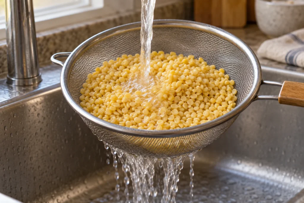 Yellow split moong dal being rinsed in a fine mesh strainer