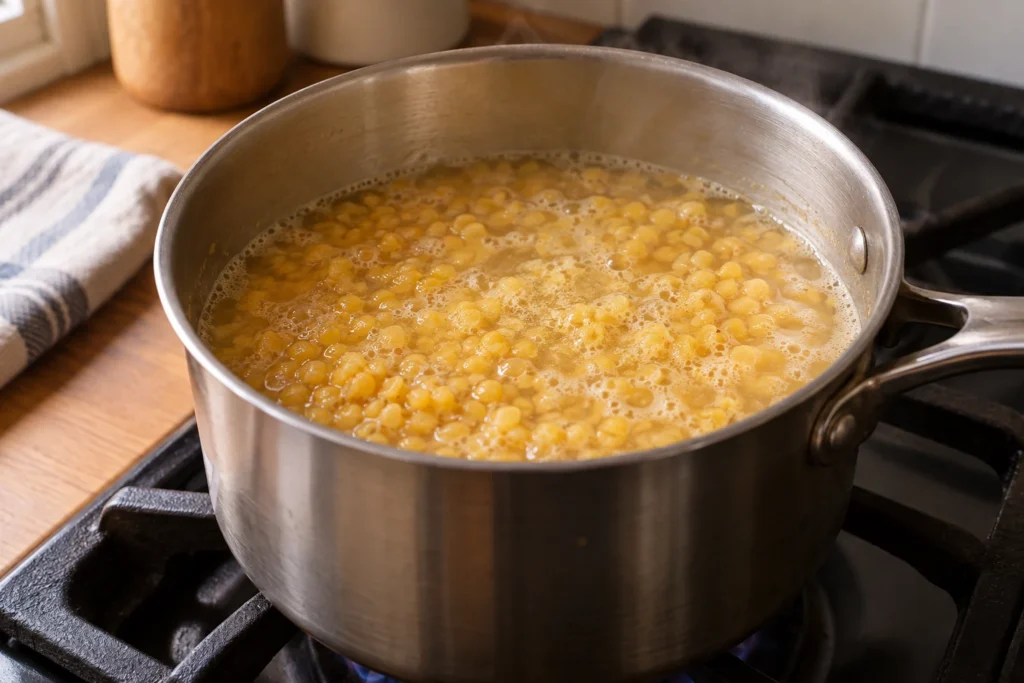 Yellow lentils simmering softly in a saucepan
