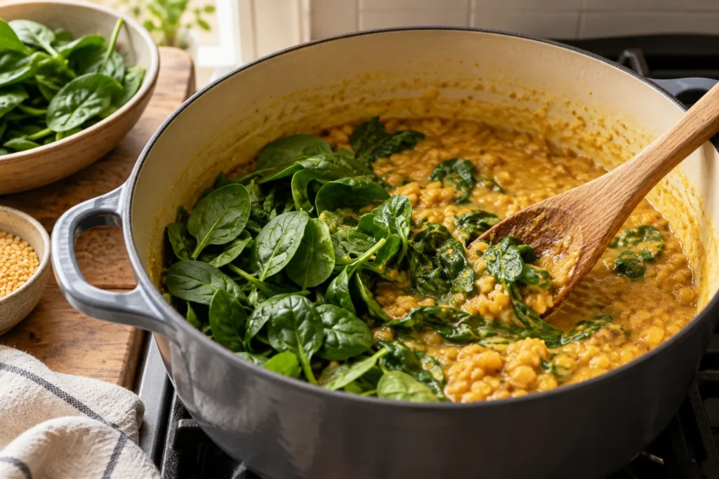 Fresh baby spinach being folded into creamy yellow dal