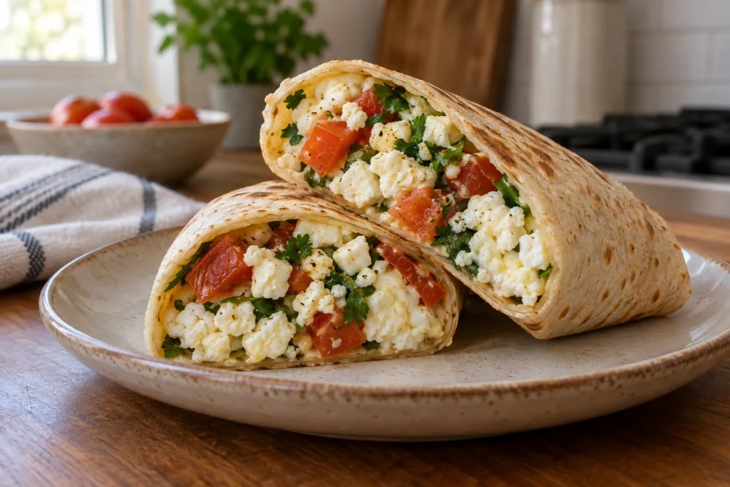 Soft egg whites, crumbled paneer, tomato, and herbs inside a sliced tortilla