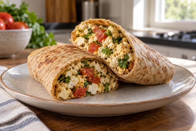 Whole-wheat breakfast wrap cut open to show egg-white paneer bhurji with tomato and cilantro