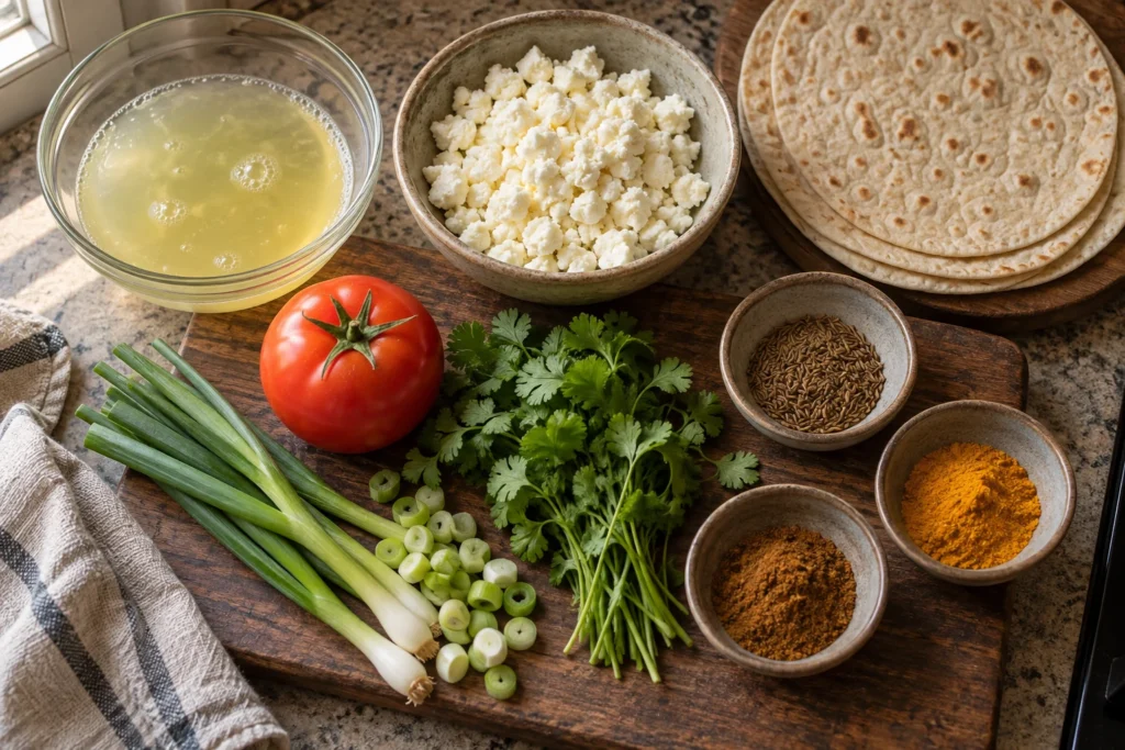 Liquid egg whites, crumbled paneer, tortillas, tomato, scallions, cilantro, cumin, turmeric, and garam masala overhead