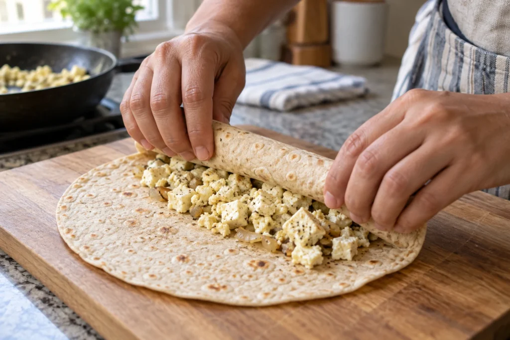 Paneer and egg-white bhurji being rolled tightly inside a tortilla