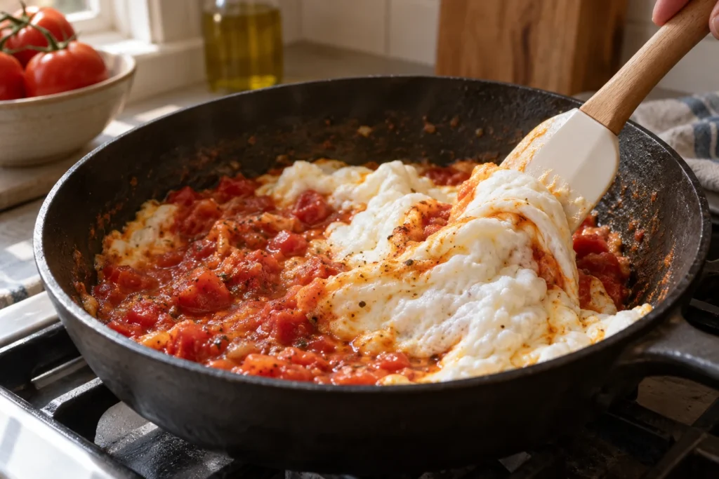 Egg whites folding softly around spiced tomato in a skillet