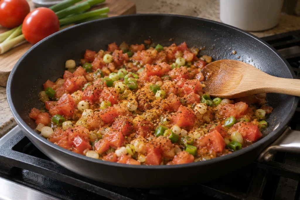 Diced tomato and scallions softening with spices in a nonstick skillet