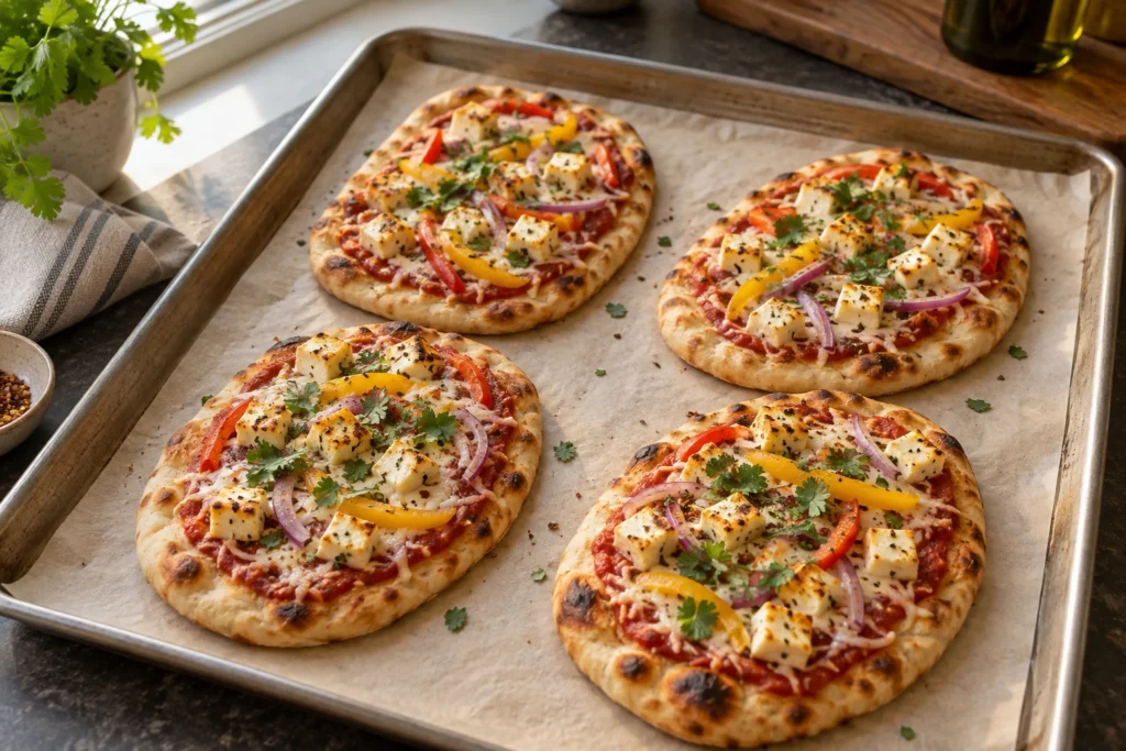 Four garlic naan spread lightly with pizza sauce and topped with paneer and thin peppers