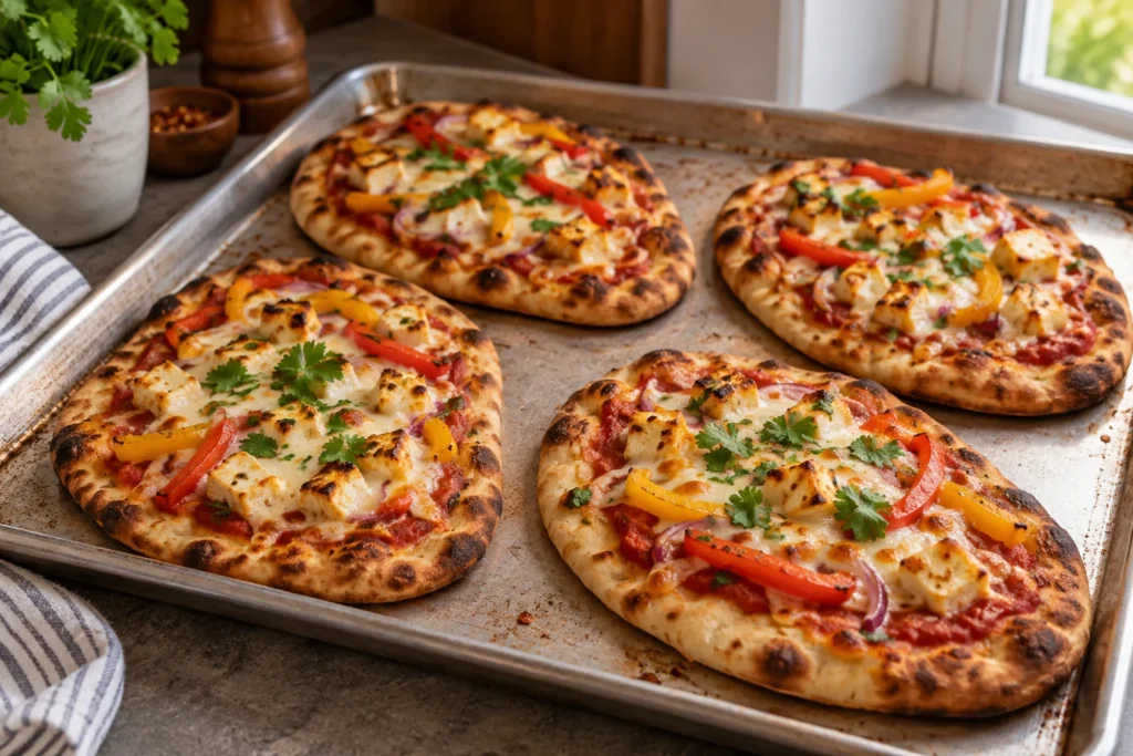 Crisp paneer naan pizzas on a hot sheet pan with bubbling cheese and browned edges