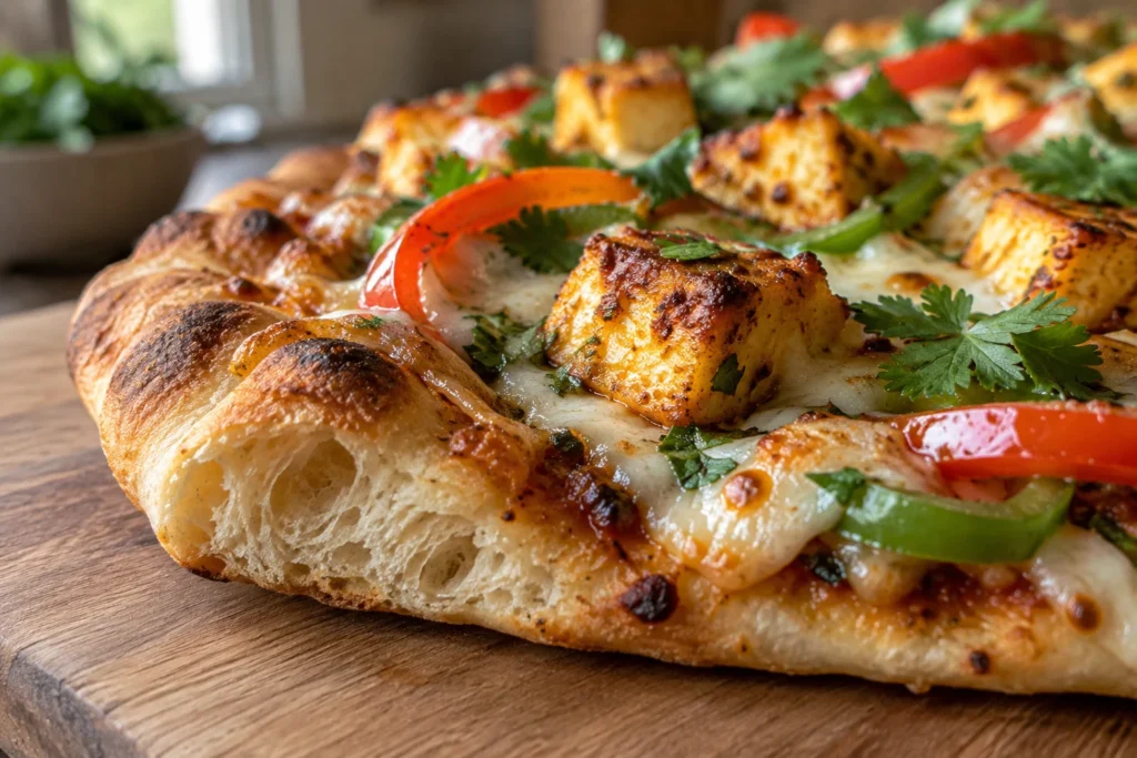 Close view of crisp naan edge, browned paneer, melted mozzarella, and bell pepper