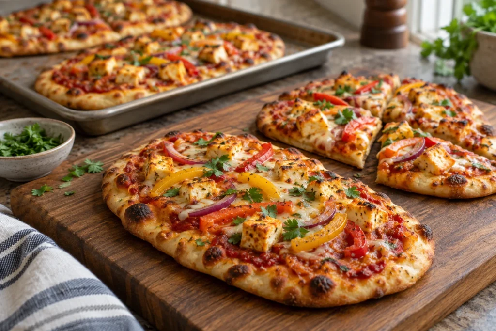 Garlic naan pizza topped with paneer, bell peppers, mozzarella, red onion, and cilantro