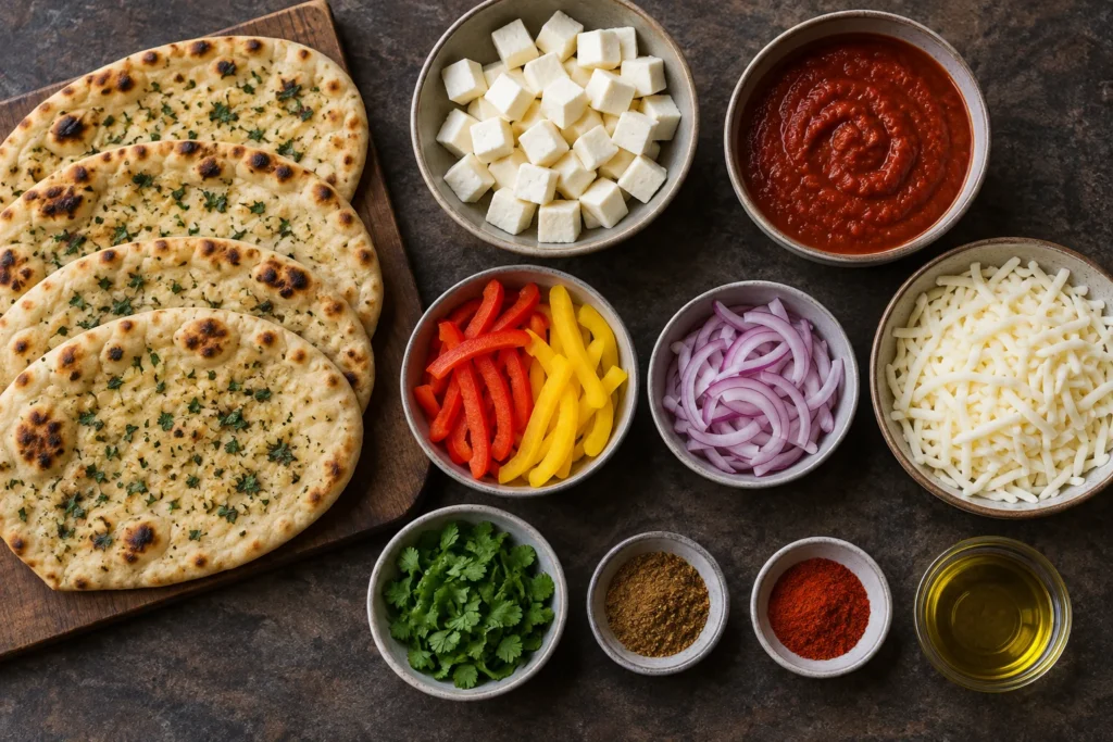 Garlic naan, paneer cubes, pizza sauce, mozzarella, bell pepper, red onion, and spices overhead