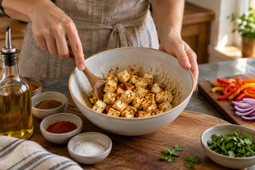 Small paneer cubes tossed with oil, garam masala, paprika, and salt in a bowl