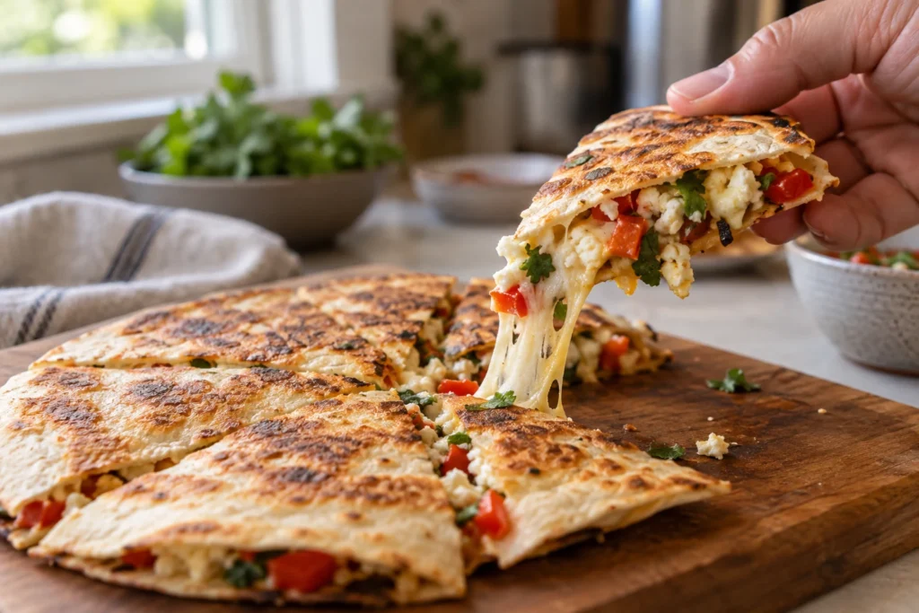 Close view of crisp tortilla, melted pepper jack, crumbled paneer, peppers, and cilantro